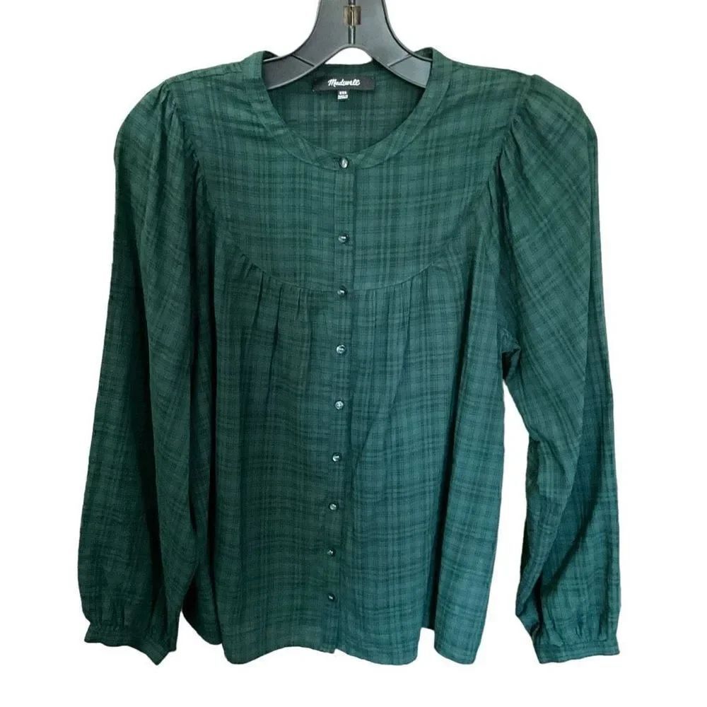 Madewell Peasant Blouse Button Front Dark Green Plaid Balloon Sleeves XXS